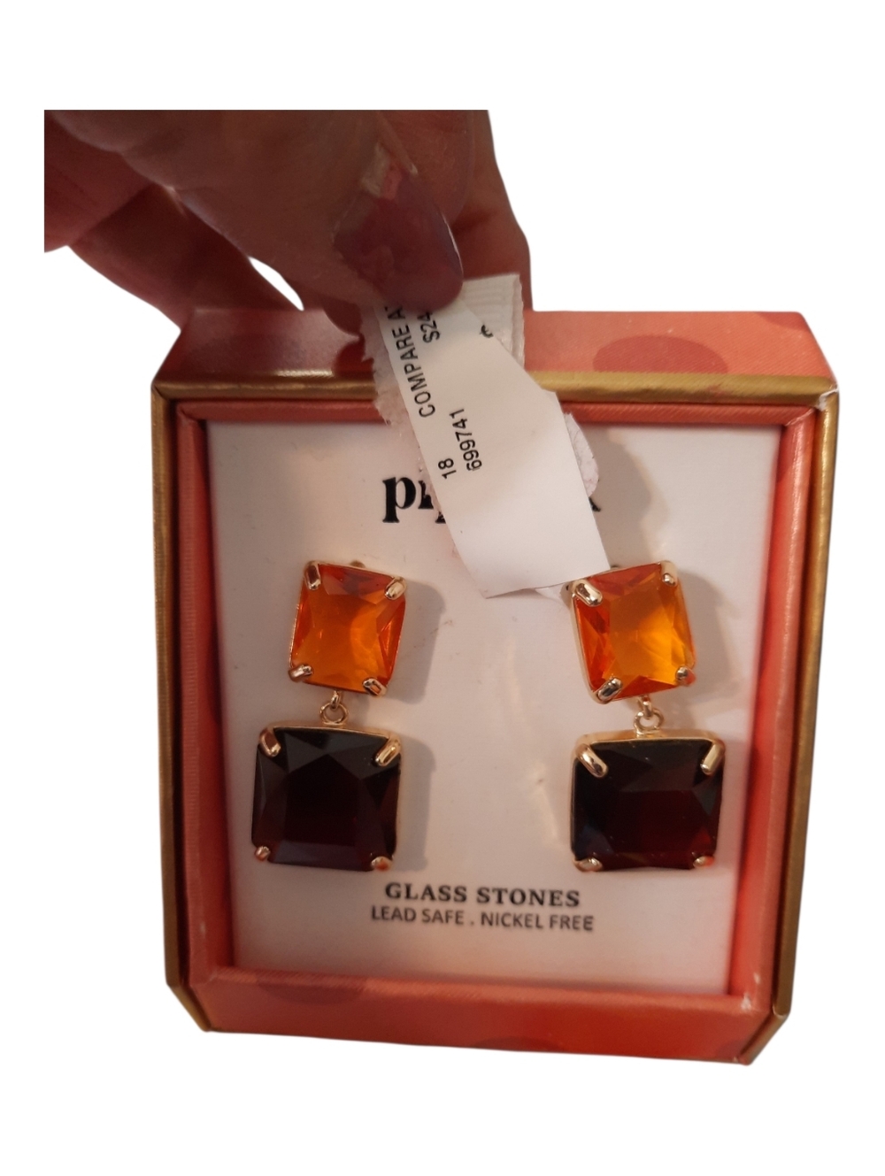 Orange and Deep Garnet Glass Stone Drop Earrings New Piperk